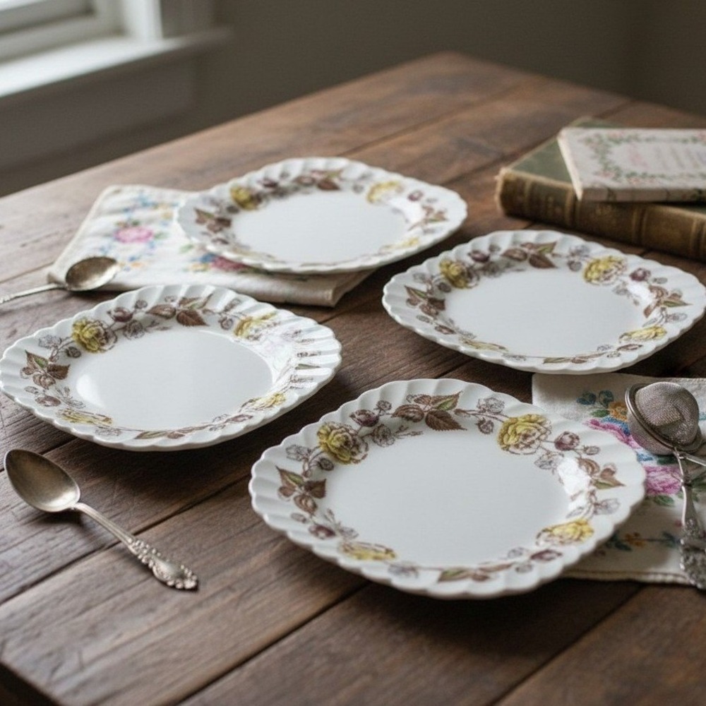 Vintage Fairwood Johnson Bros England Square Floral Transferware Plates Set 4